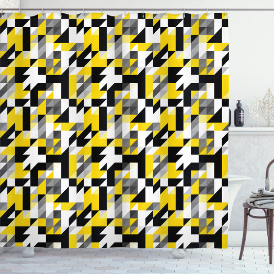 Yellow and White Squares and Houndstooth Patterned Shower Curtain, Yellow, Black, and Grey Color Scheme