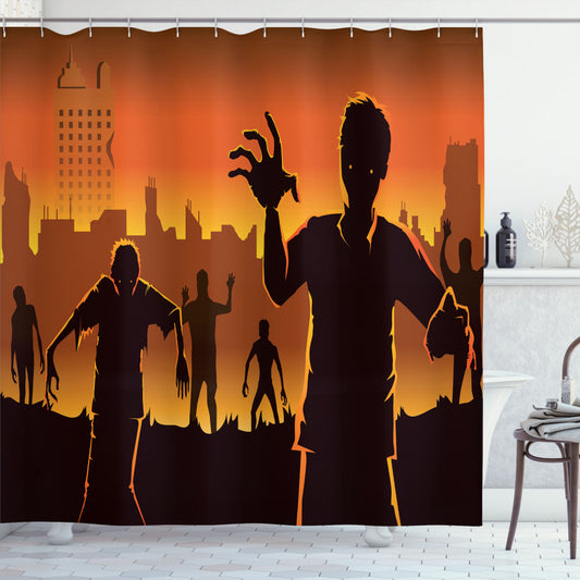 Zombie-Themed Halloween Abandoned City Shower Curtain in Charcoal Grey, Orange, and Yellow