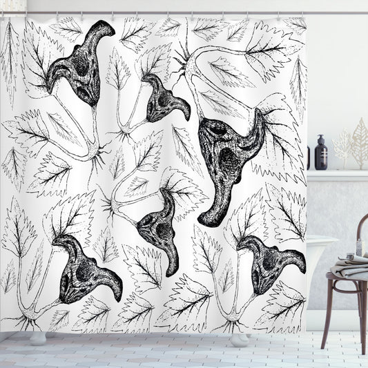 Botanical Leaves and Water Caltrop Pattern Shower Curtain in Charcoal Grey and White