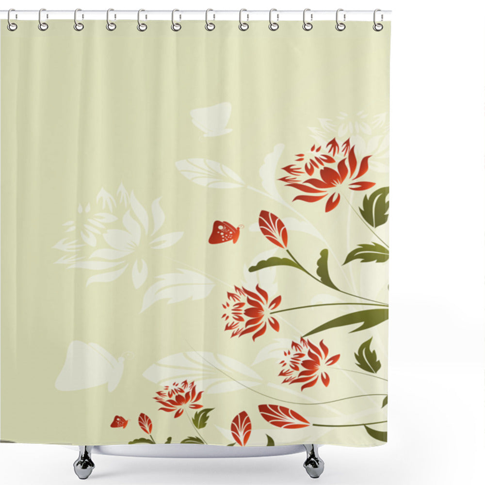 Abstract Floral Flowers Swirls Olive Green, White and Red Shower Curtain