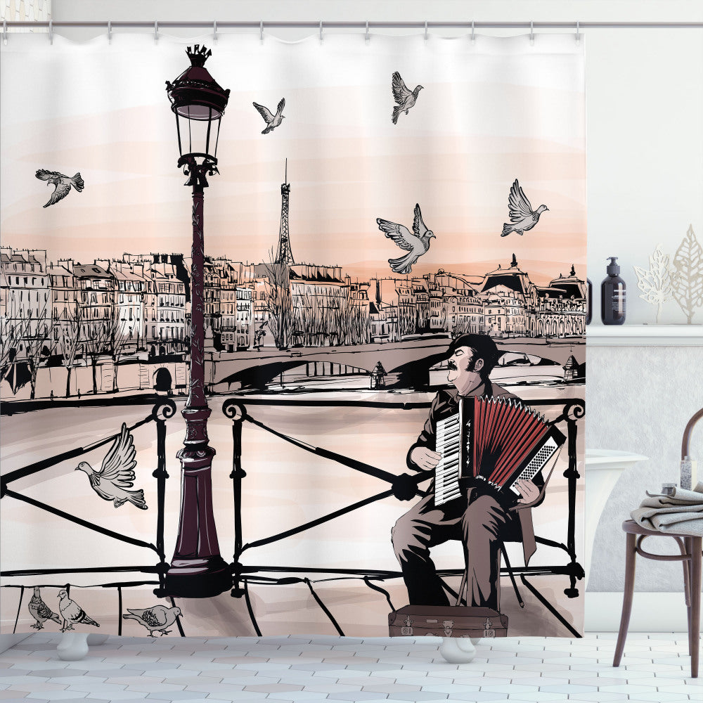 Accordionist in Paris Harmonizes Music with Brown and Peach Tones: Shower Curtain