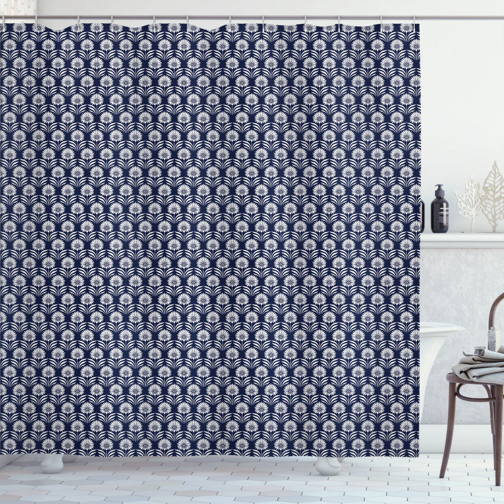 Vintage Monochrome Folkloric Floral Shower Curtain in Dark Violet Blue and White