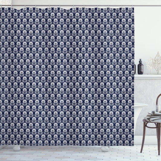 Vintage Monochrome Folkloric Floral Shower Curtain in Dark Violet Blue and White