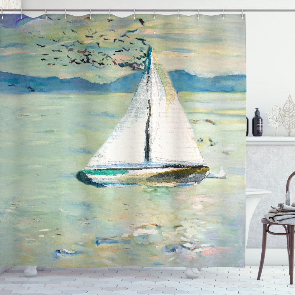 Artistic Monet Sailing Boat Shower Curtain in Pale Blue, Teal, White, and Green Colors