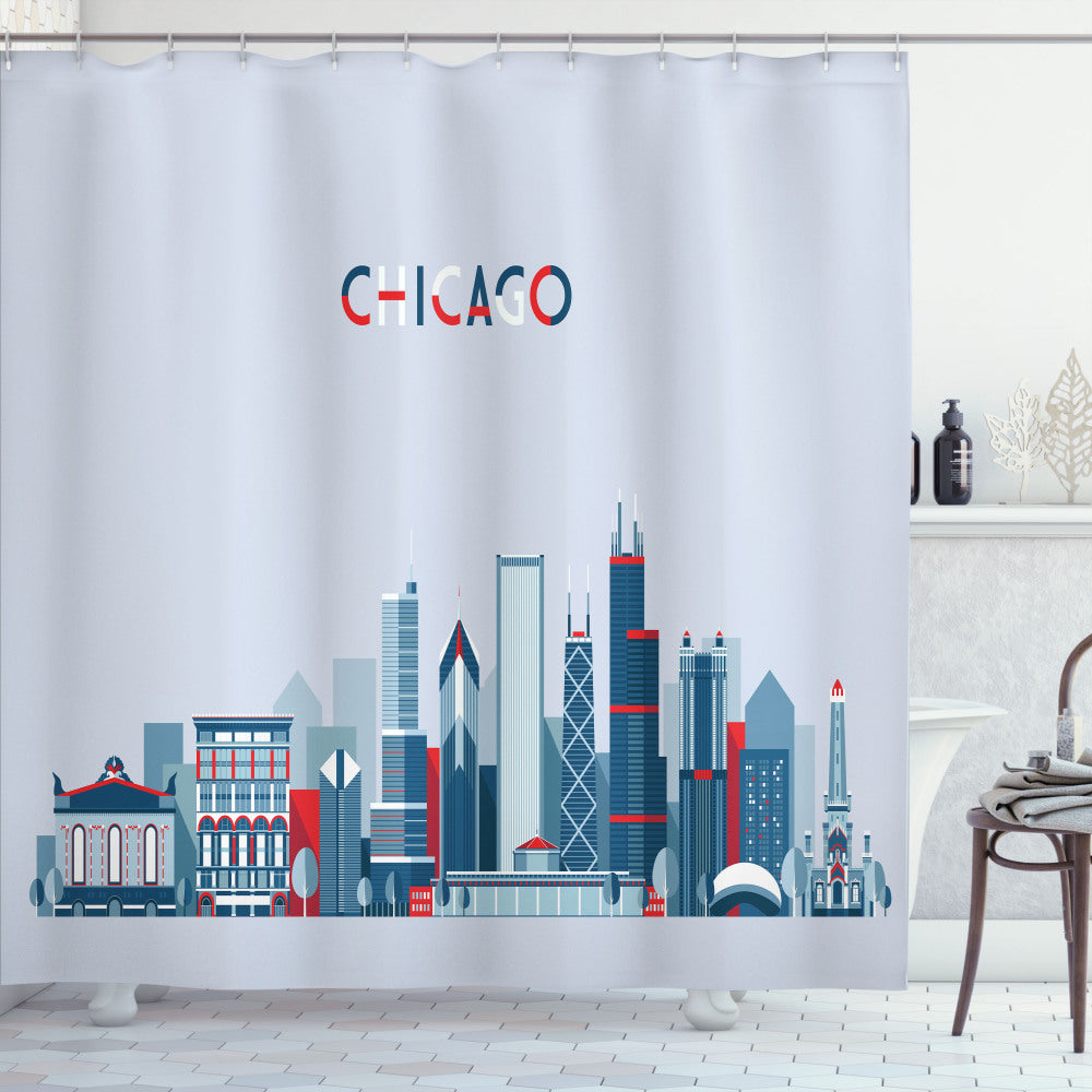 Chicago Skyline Inspires Urban Architecture-Inspired Baby Blue and Red Shower Curtains