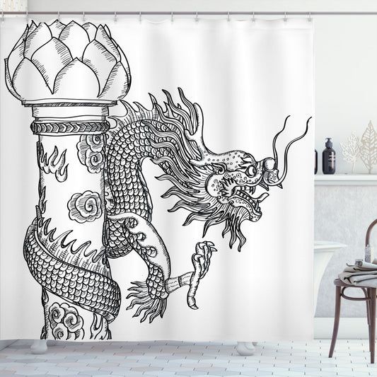 Chinese Creature Inspired Dragon Design White and Black Shower Curtain