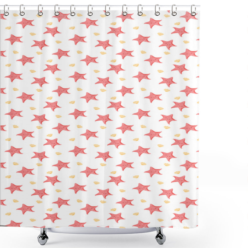 Cartoon Seashell-themed Shower Curtain featuring Starfish, Dark Coral, Yellow and White elements