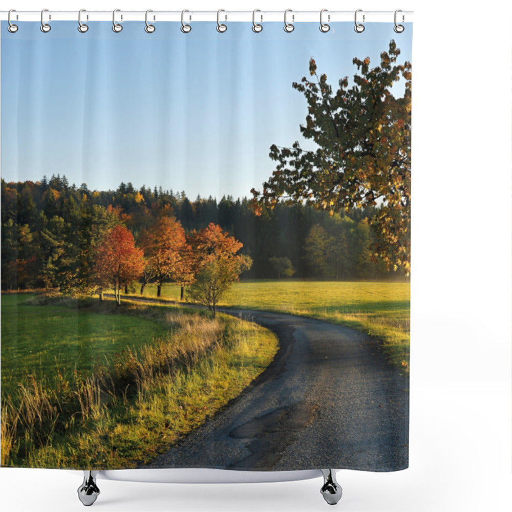 Autumn Landscape Bath Curtain featuring Lone Tree on a Bluegrey and Yellow Green Road