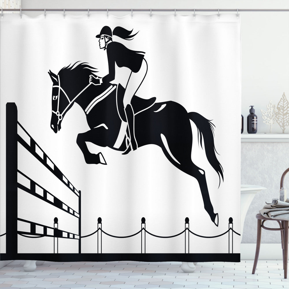 Cartoon Jockey Girl Jumping Shower Curtain in White and Charcoal Grey