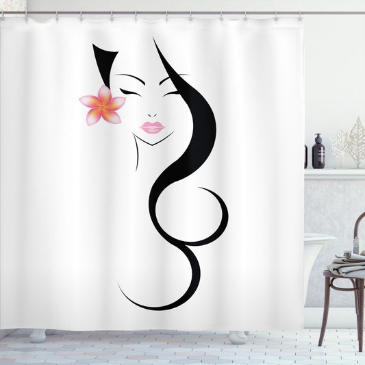 Traditional Beauty: Hair Salon Featuring Baby Pink, Black, and Yellow Shower Curtains