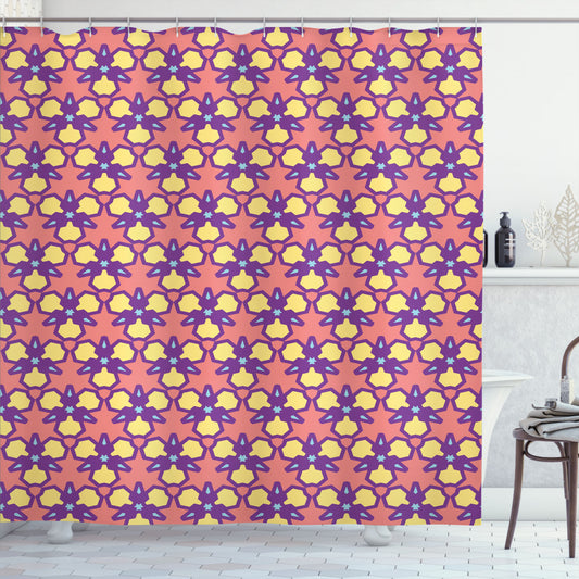 Abstract Retro Triangles Motif in Coral, Pastel Yellow, Violet, and Pale Blue - Shower Curtain Collectio