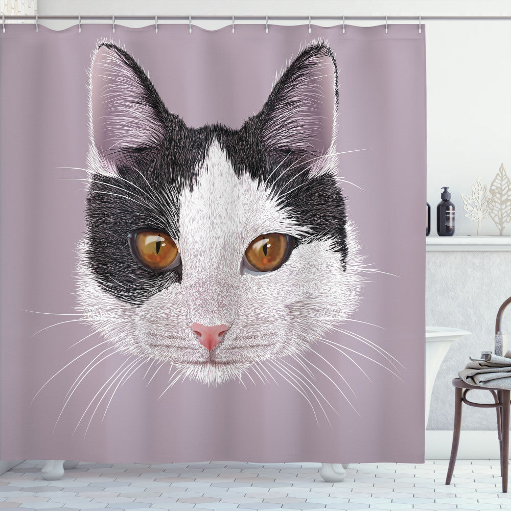 Animal Bath Curtain featuring a Portrait of a White, Black, and Lilac Pet Cat Kitty