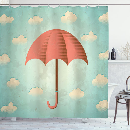 Vintage Cloudy Sky Bath Curtain featuring Umbrella, Dark Coral, Turquoise, and Cream