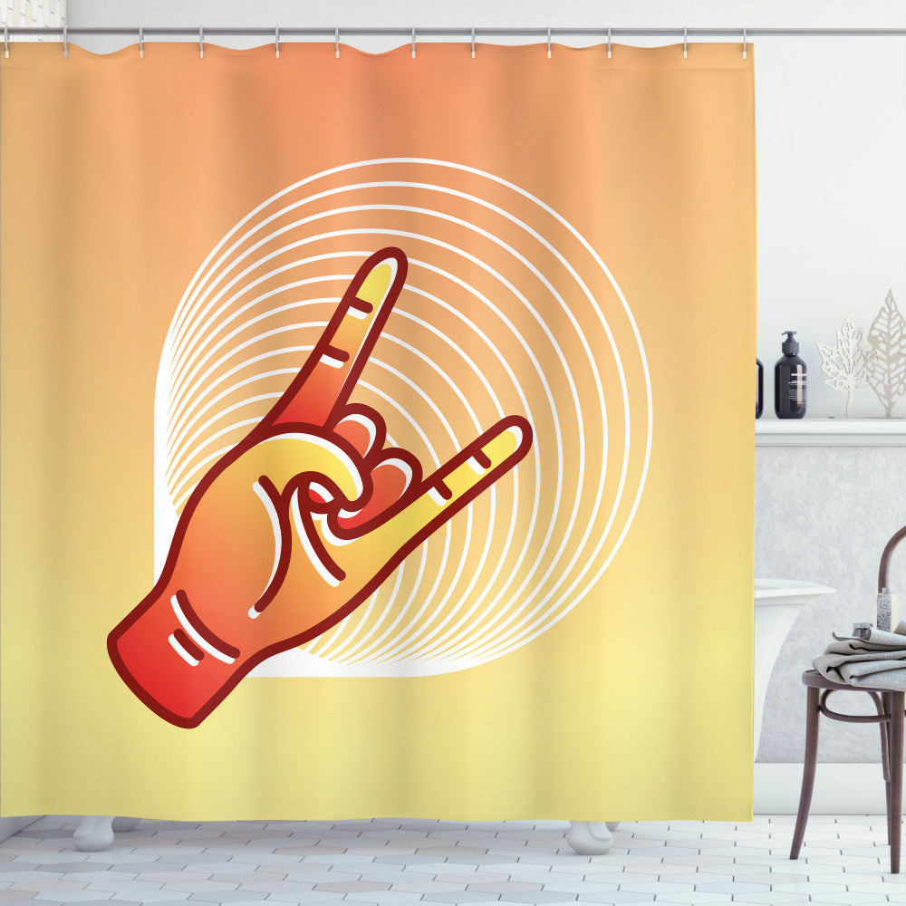 You Rock: Dark Peach, Pastel Yellow, and Burgundy Sign of the Horns Graphic Shower Curtain