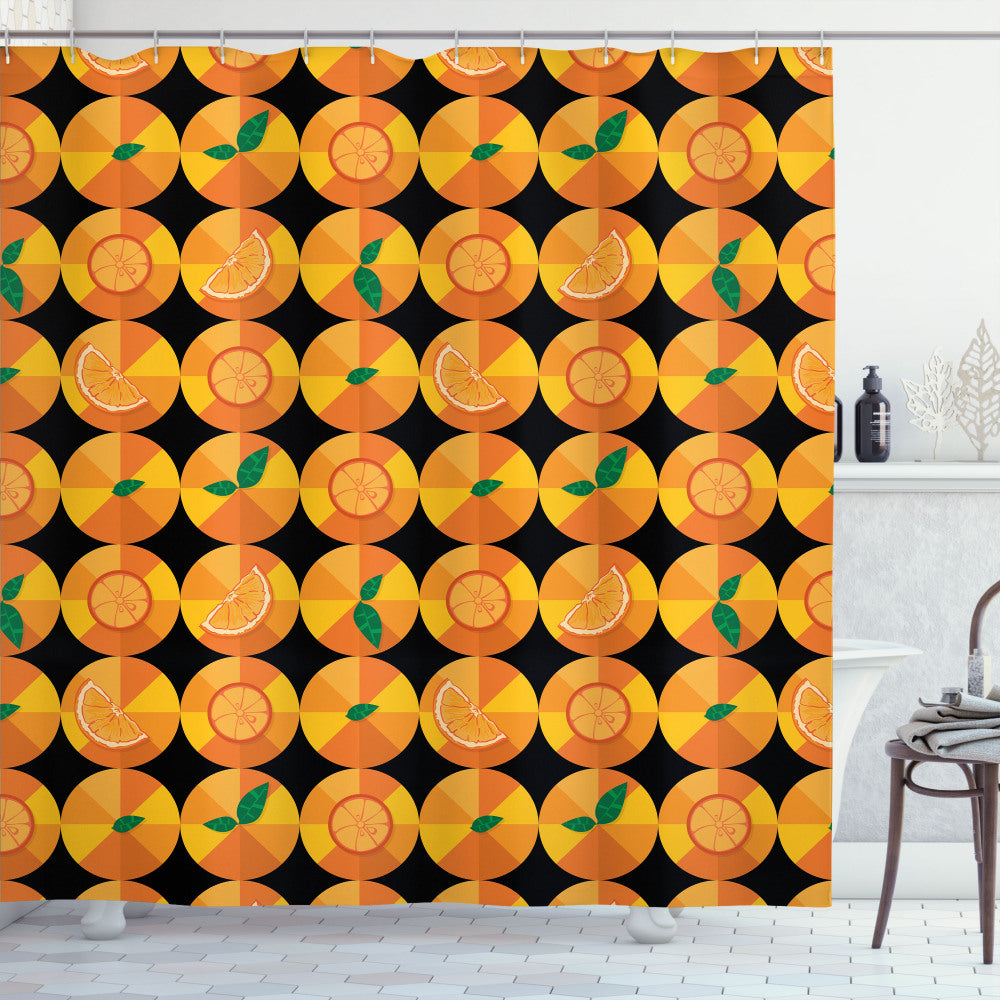 Tangerine Tones Citrus Art: Vibrant Orange, Forest Green, Pale Orange, Earth Yellow, and Charcoal Grey Shower Curtain