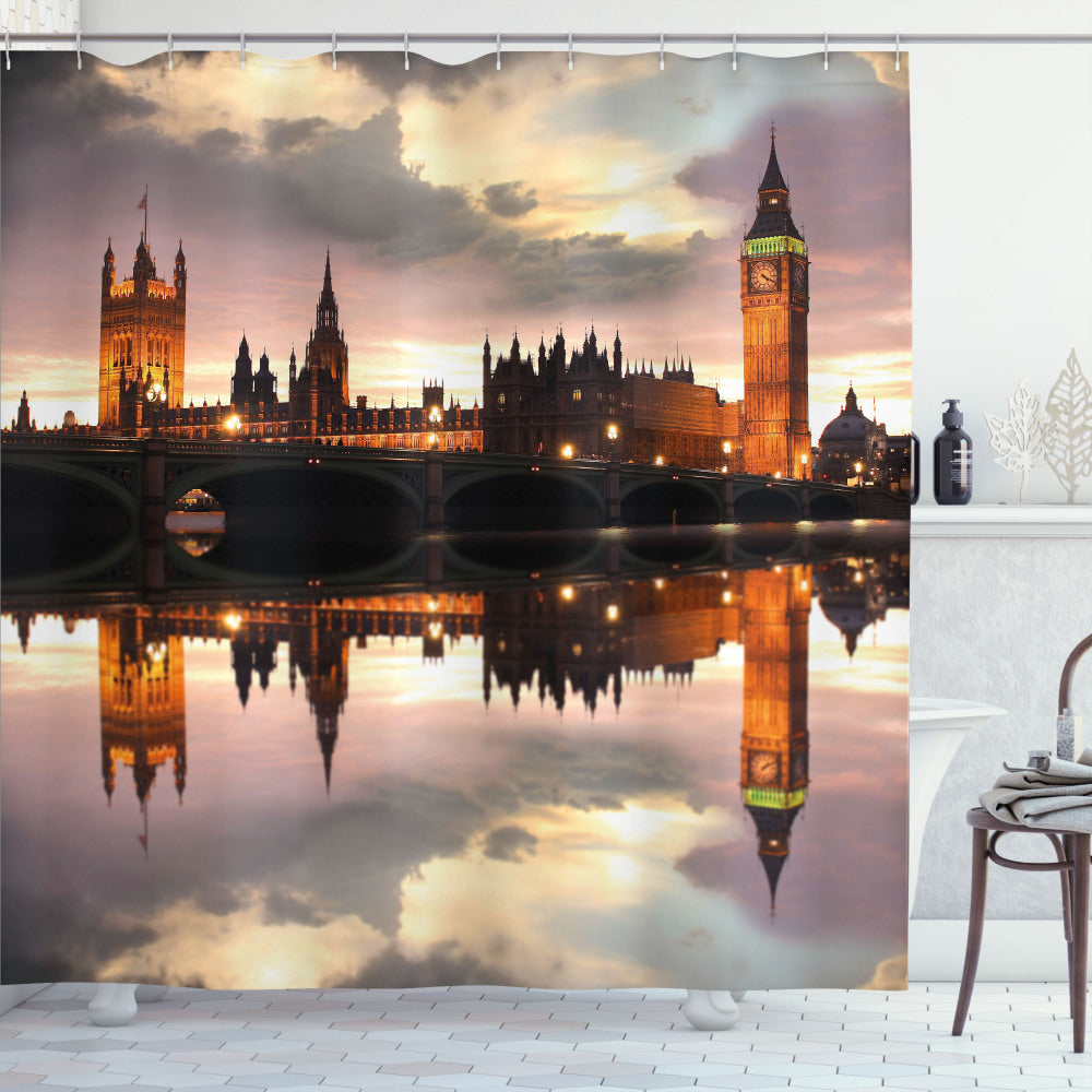 Urban Chic: Cinnamon Grey Surreal Evening Big Ben Shower Curtain