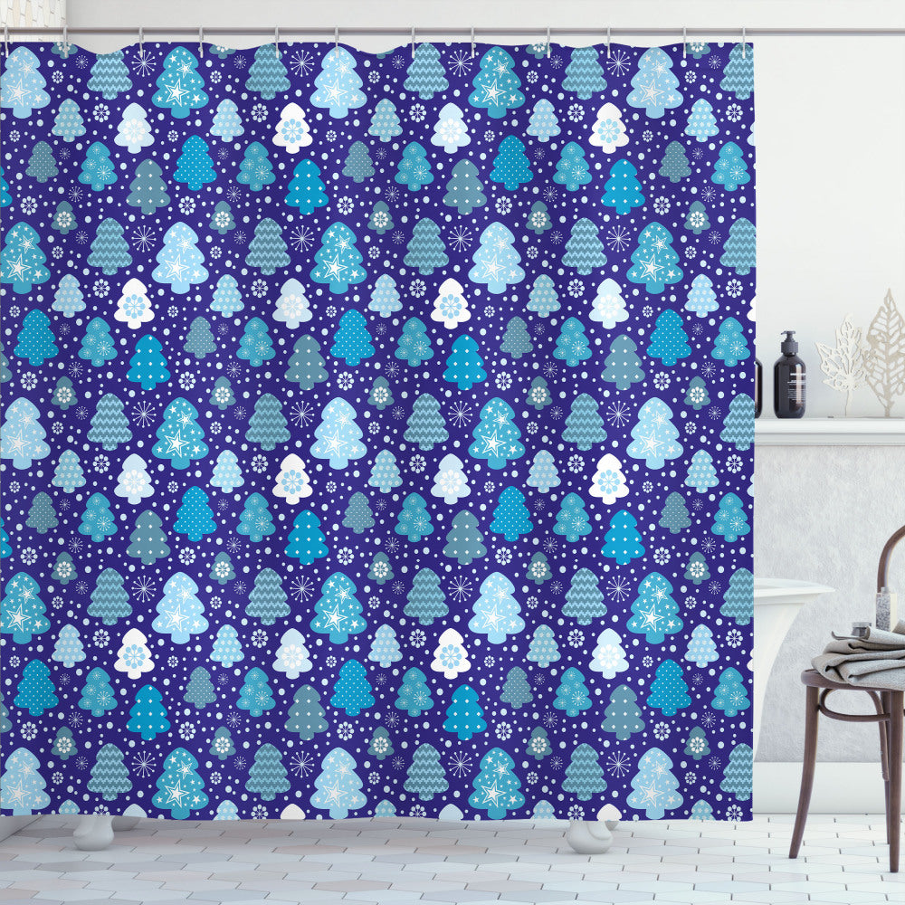 Winter Wonderland: Snowflake Xmas Trees Bath Curtain in Violet Blue, Pale Blue, and White