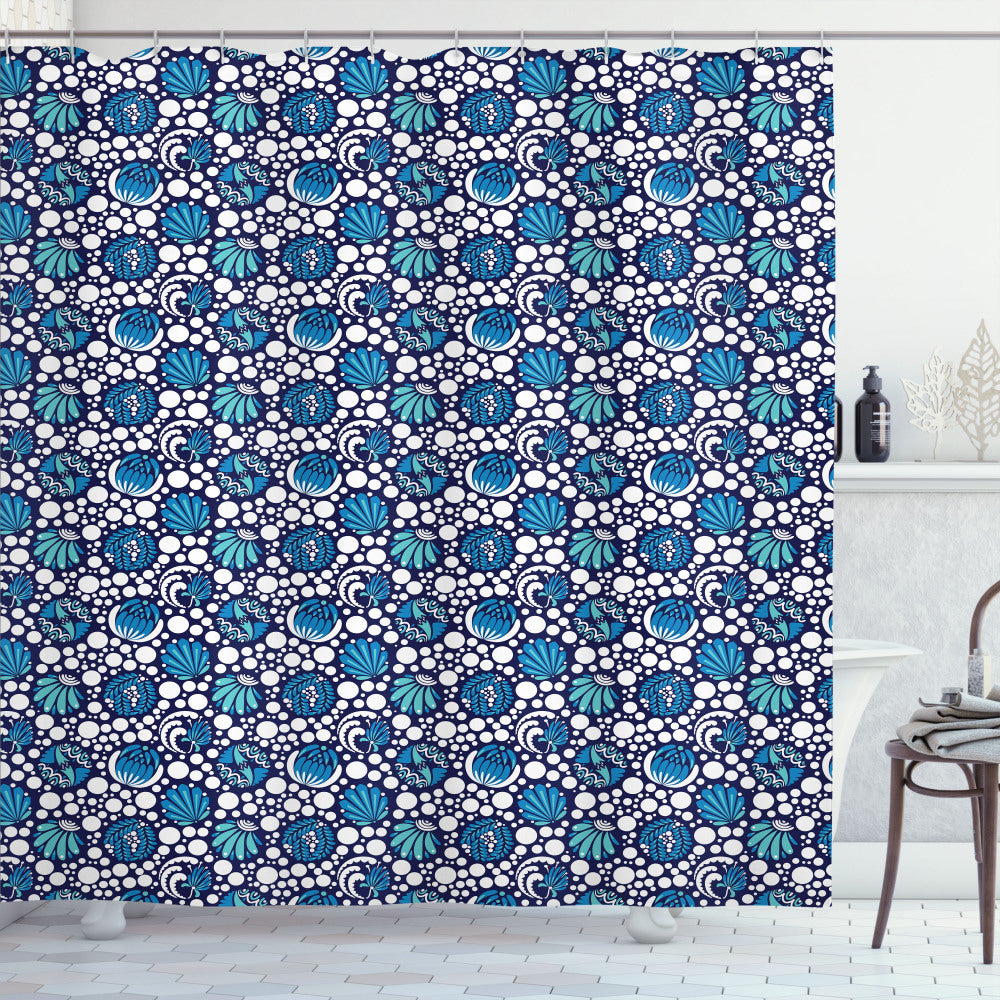 Blue and White Floral Dotted Shower Curtain in Turquoise and White