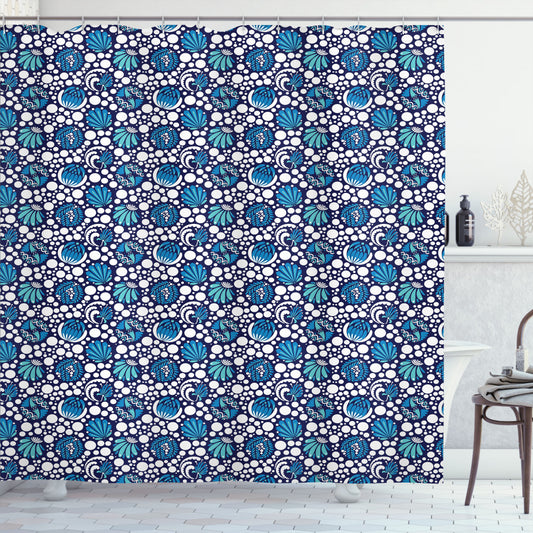 Blue and White Floral Dotted Shower Curtain in Turquoise and White