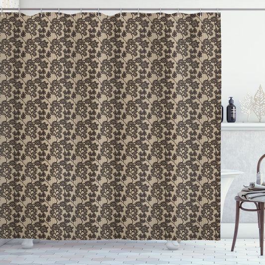 Vintage Floral Doodle Leaves Shower Curtain in Beige and Brown Color Palette