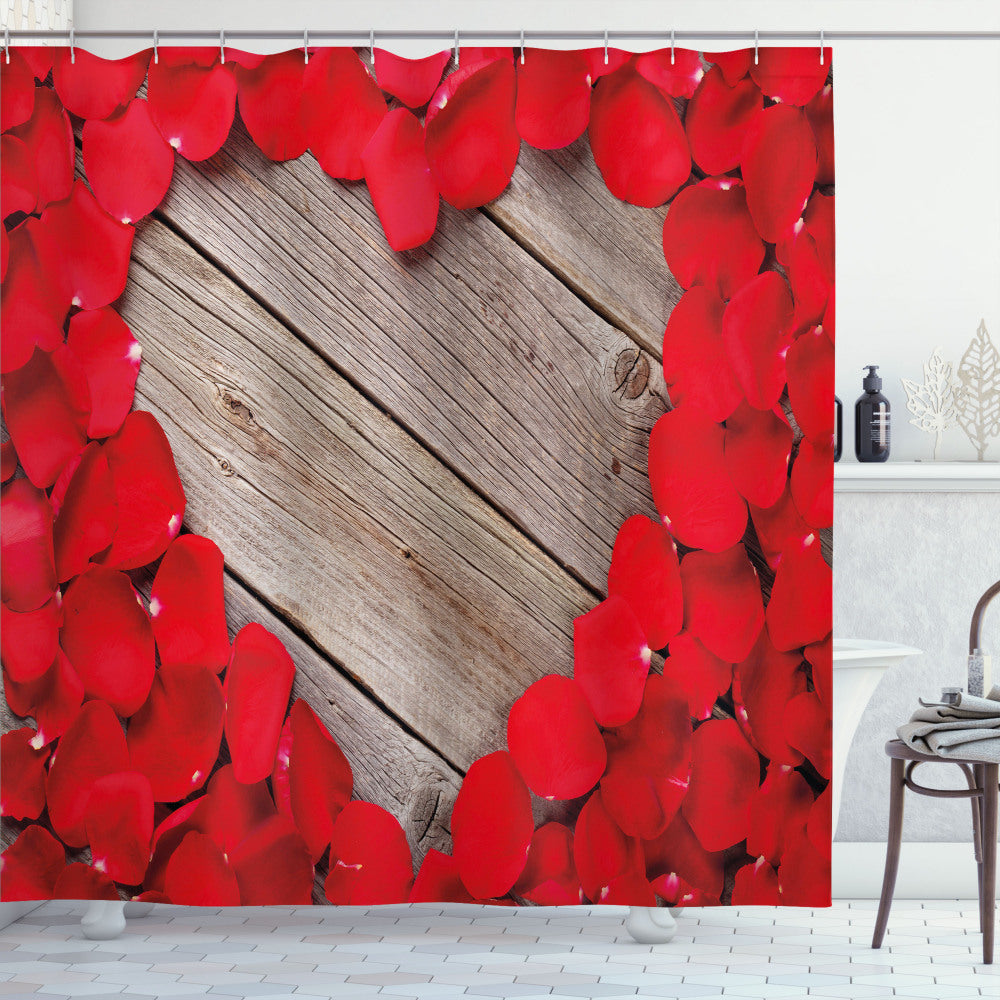 Vibrant Rose Petals Heart Shaped Bath Curtain in Vermilion and Cocoa Color Palette