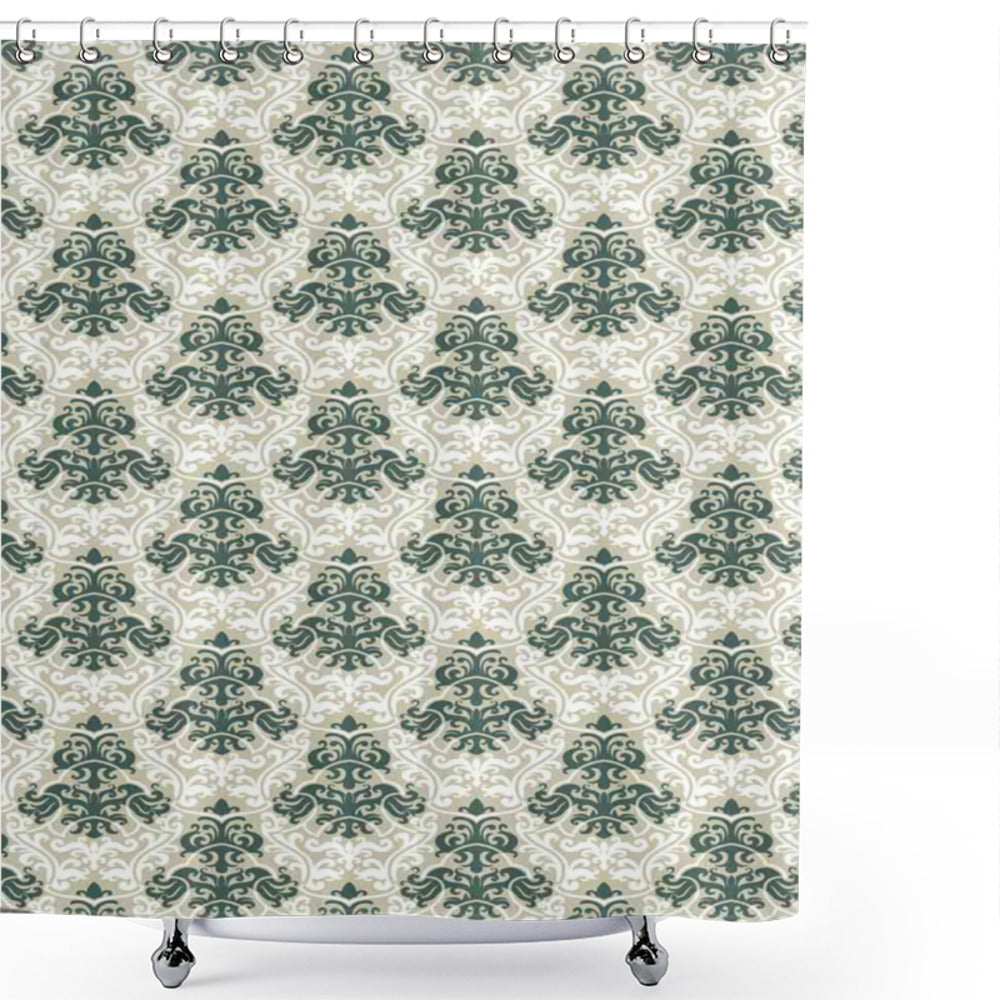 Victorian Floral Foliage Leaf Shower Curtain in Jade Green and Warm Taupe