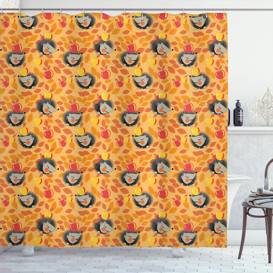 Autumn Forest Hedgehog Shower Curtain in Orange, Taupe, and Coral Colors