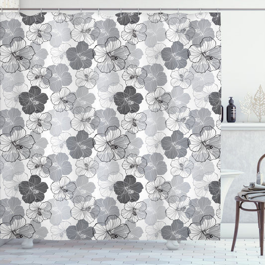 Vintage Hibiscus Flowers Shower Curtain in Floral Purpleblue, Pale Purpleblue, Charcoal Grey, and White Palette