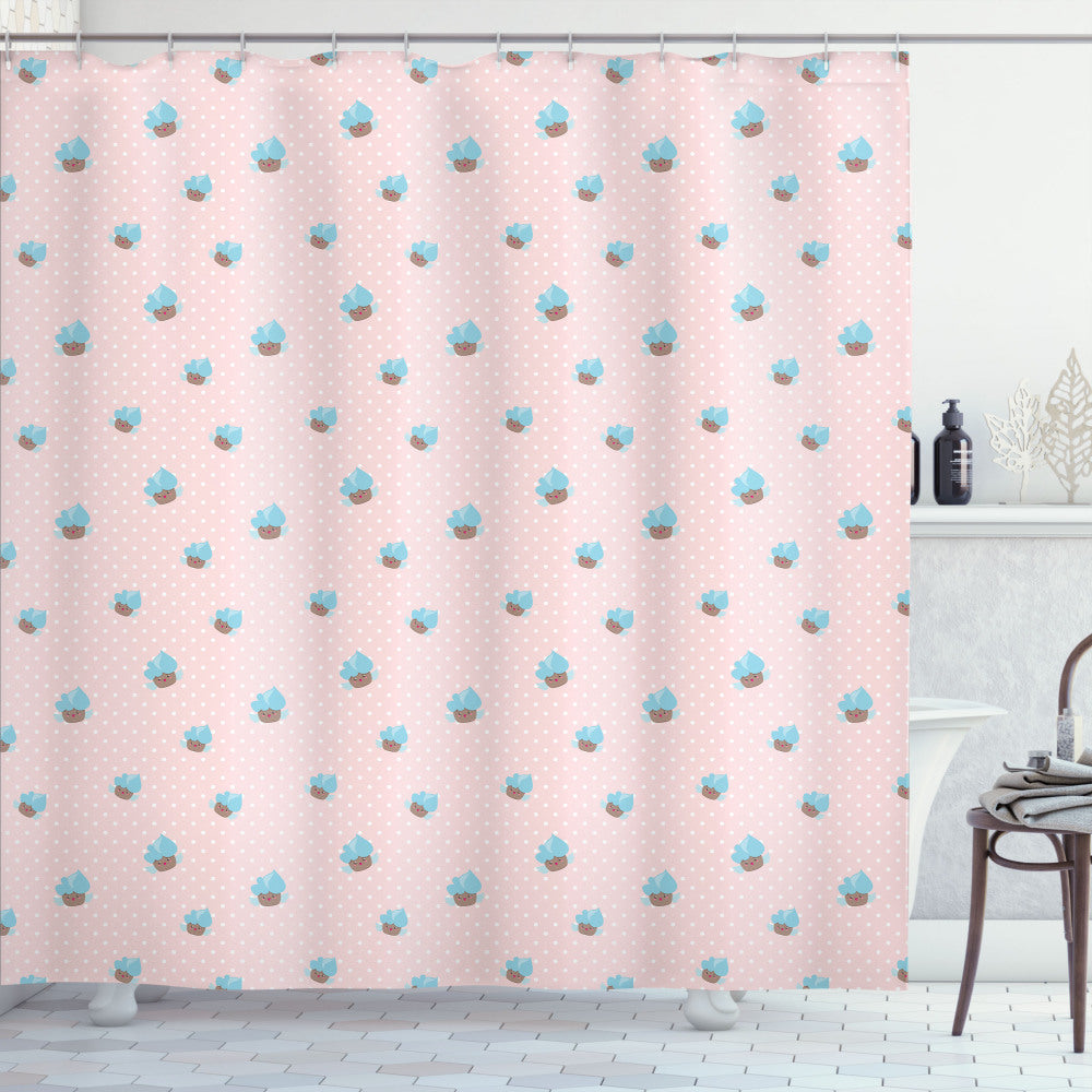 Cartoon Cupcakes and Polka Dots Bath Curtain in Blush, Pale Sky Blue, Warm Taupe, and White Colors