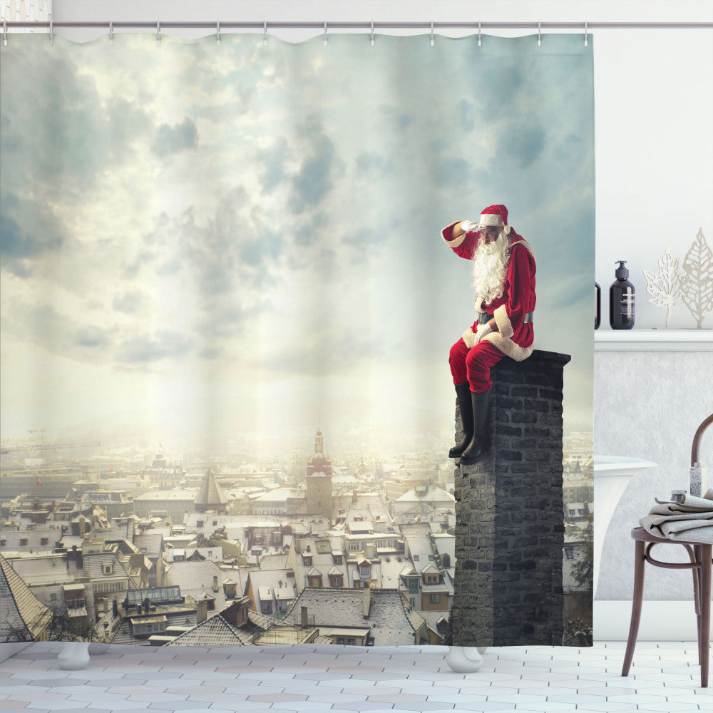 Christmas Santa Chimney Shower Curtain in Pale Blue Grey, Vermilion, Dark Grey, and White