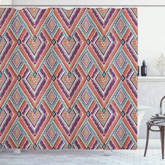 Tribal Fusion: Purple and Teal Diagonal Ethno Pattern Shower Curtain