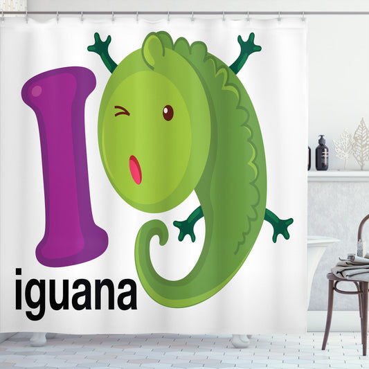 Cartoon Iguana Bath Curtain in Purple, Green, and Black