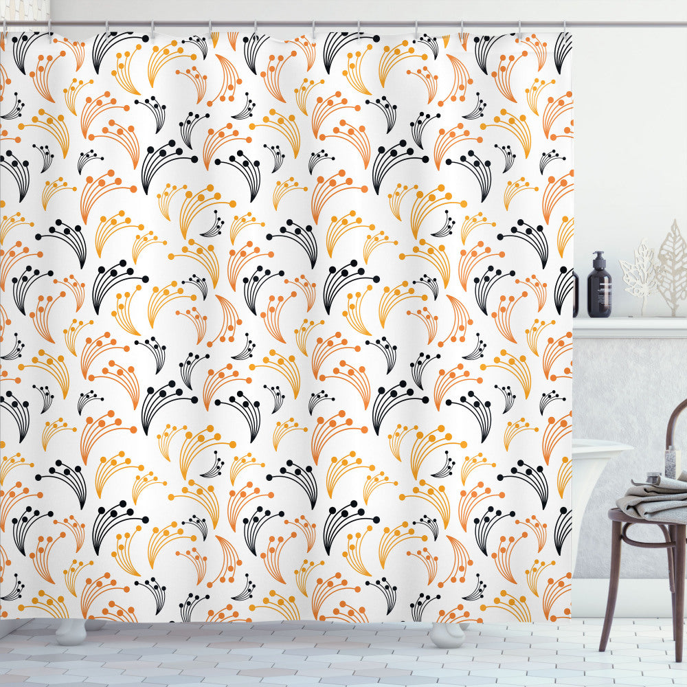 Botanical Floral Shower Curtain in Orange, White, and Black: A Scenic Nature-inspired Design