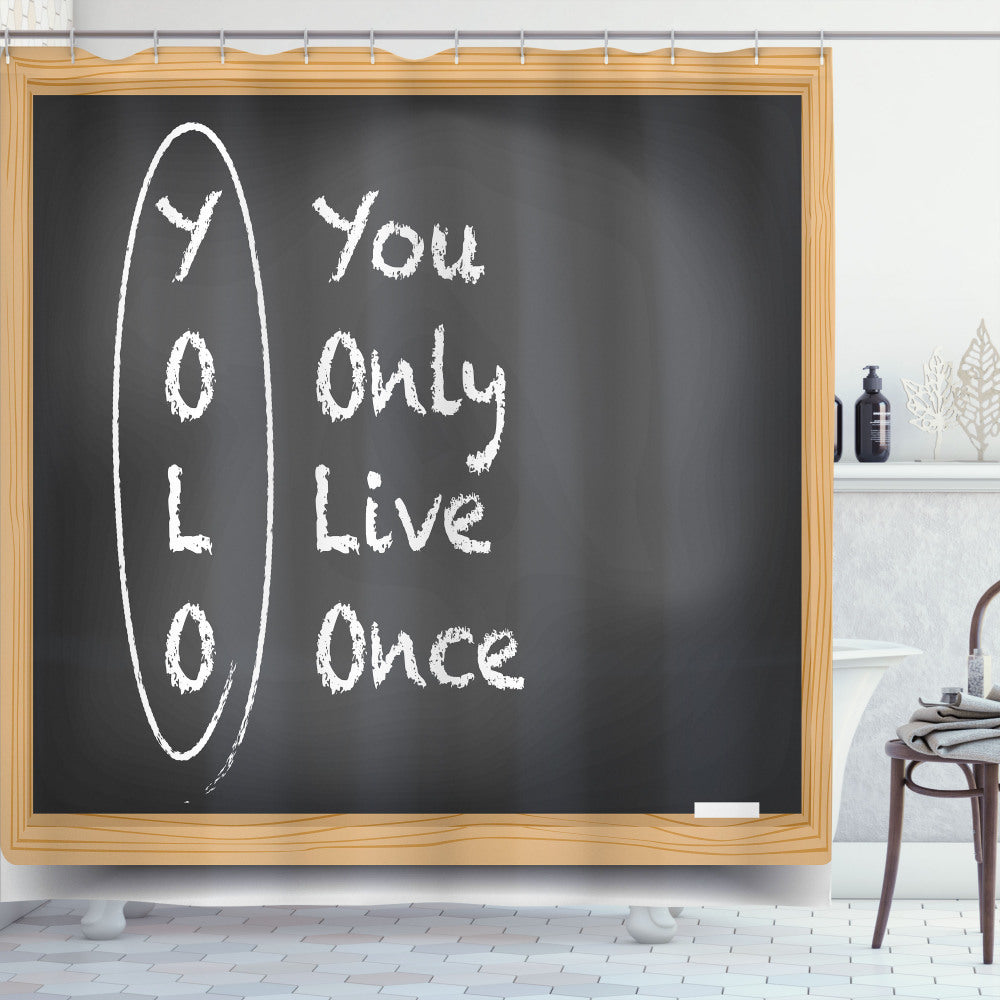 YOLO Life Words on Chalkboard Shower Curtain in Charcoal Grey, Pale Brown, and White