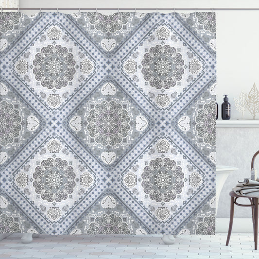 Turkish Pattern Inspired Pale Mauve, White, and Grey Persian Swirl Shower Curtain