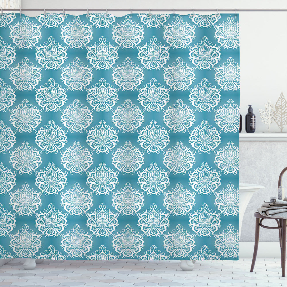 Blue and White Floral Shower Curtain by Curly Flowers