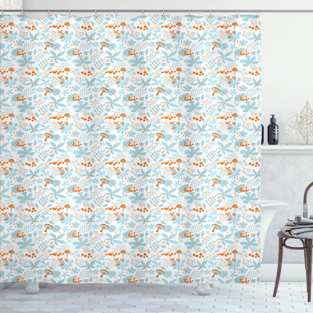 Autumn-themed Shower Curtain with Fall Leaves and Mushrooms in Orange, Blue, Pale Blue, and White