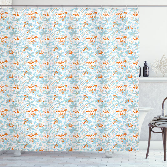 Autumn-themed Shower Curtain with Fall Leaves and Mushrooms in Orange, Blue, Pale Blue, and White