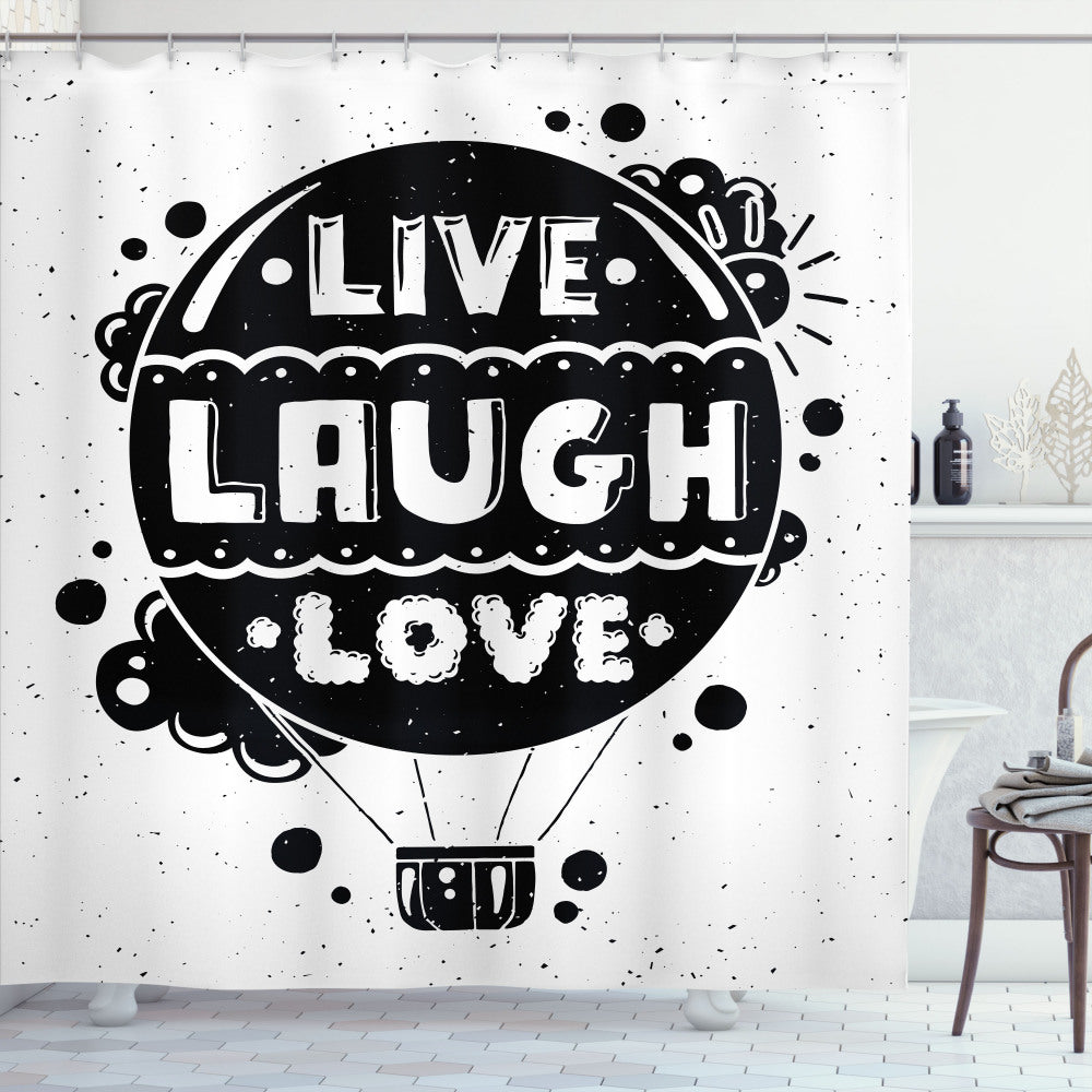 Air Balloon Sun Printed Shower Curtain in White and Black - Live Laugh Love Theme