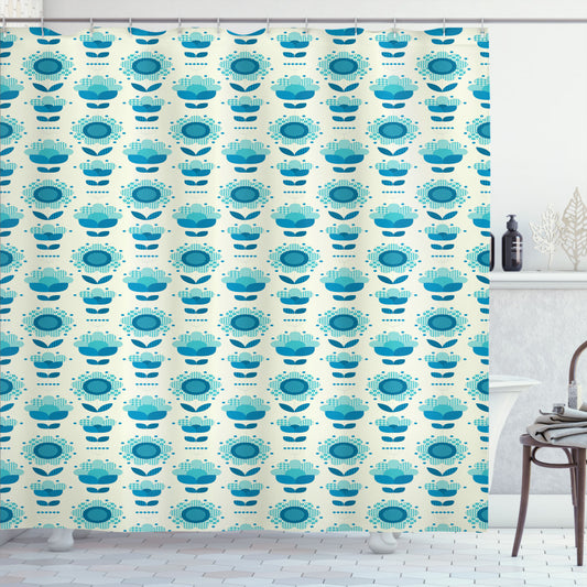 Abstract Floral Design in Folkloric Sea Blue, Dark Turquoise, Dark Seafoam, and Ivory - Shower Curtain