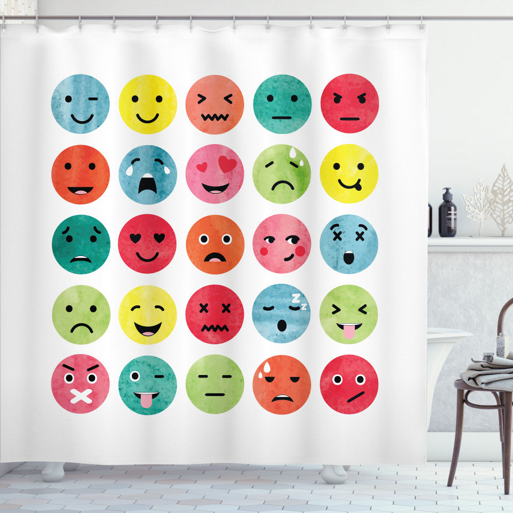 Abstract Watercolor Faces Multicolor Emoji Printed Shower Curtain