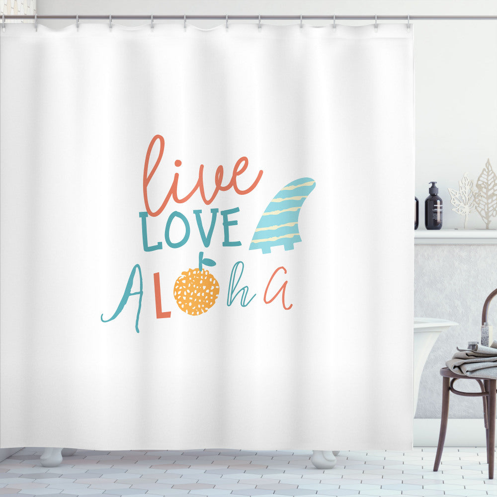 Vibrant Beach-Inspired Aloha Fruit Shower Curtain in Vermilion, Pale Blue, and Orange