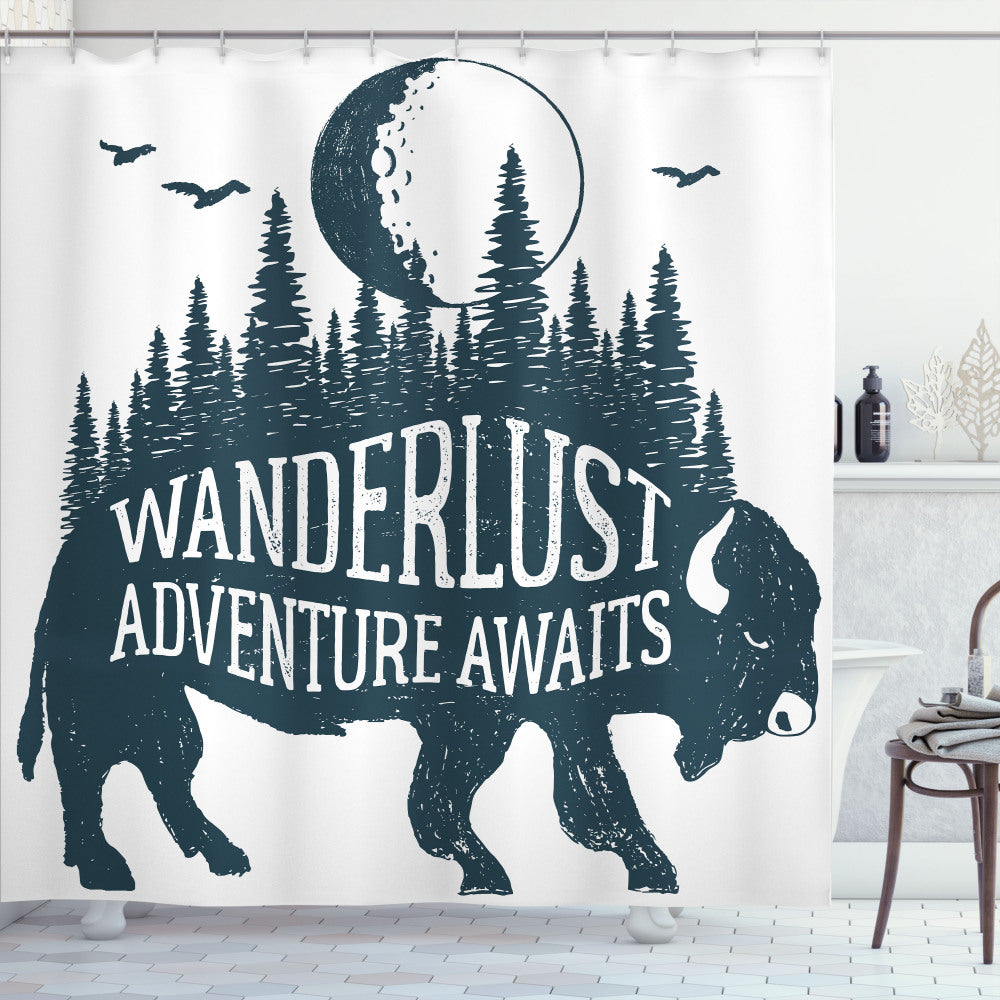 Adventure in Buffalo Forest Moon: Dark Petrol Blue and White Shower Curtain