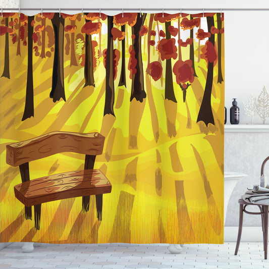 The Cartoon Tree and Bench Forest: Burnt Sienna, Yellow, and Brown Shower Curtain