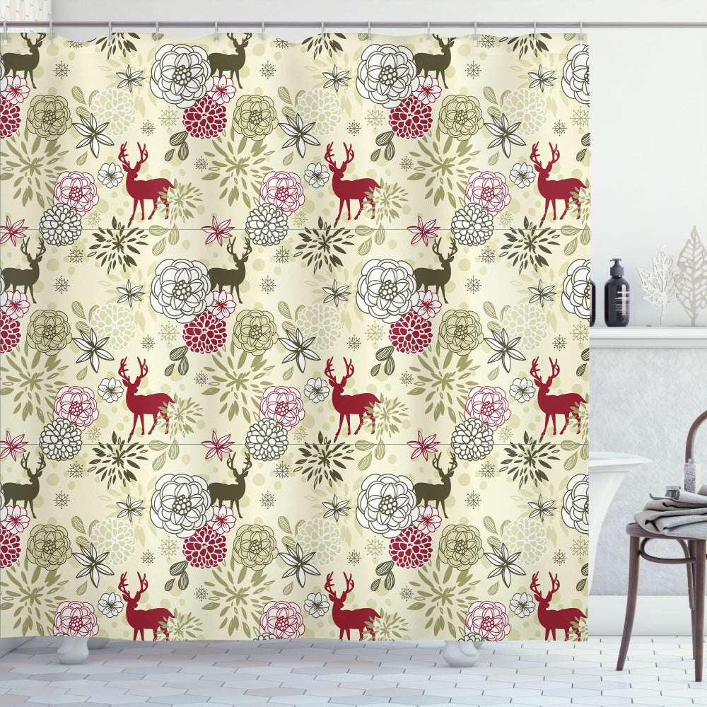 Winter Wonderland: Deer Flowers Christmas Bath Curtain in Olive Green, Pale Green, and Ruby