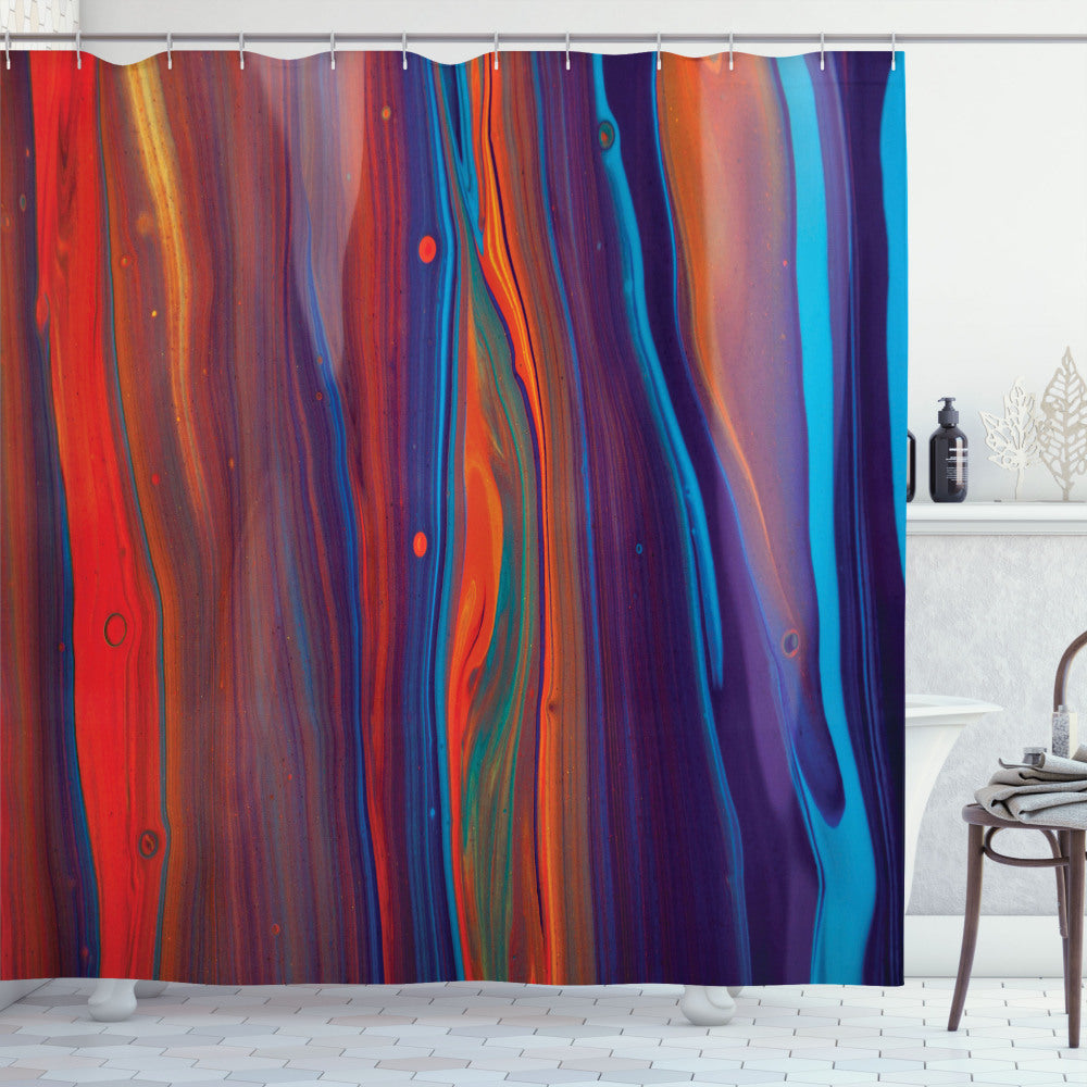 Vibrant Close-Up of Colorful Oil Painting on Multicolored Shower Curtain