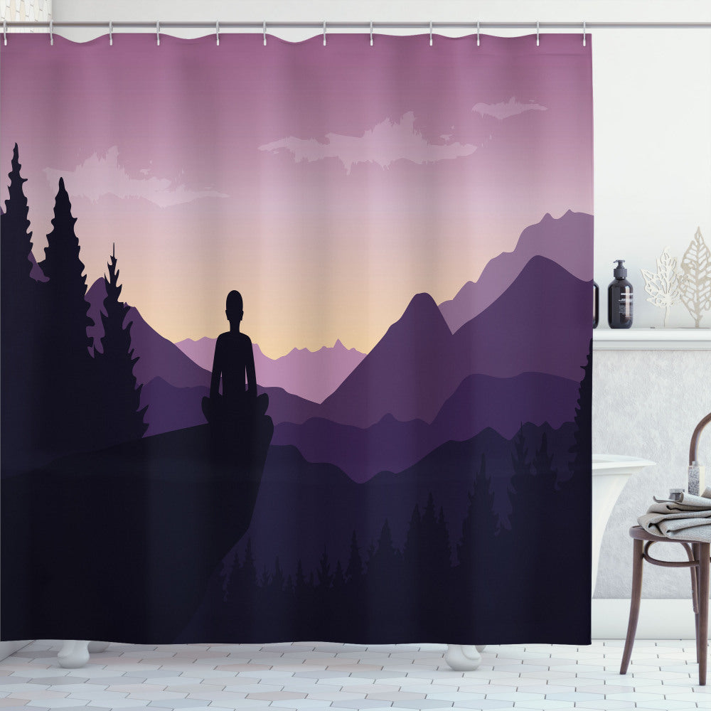 Adventurous Man Delighting in the View: Dark Chestnut Brown, Grey Pink, Pastel Brown, and Quartz Shower Curtain