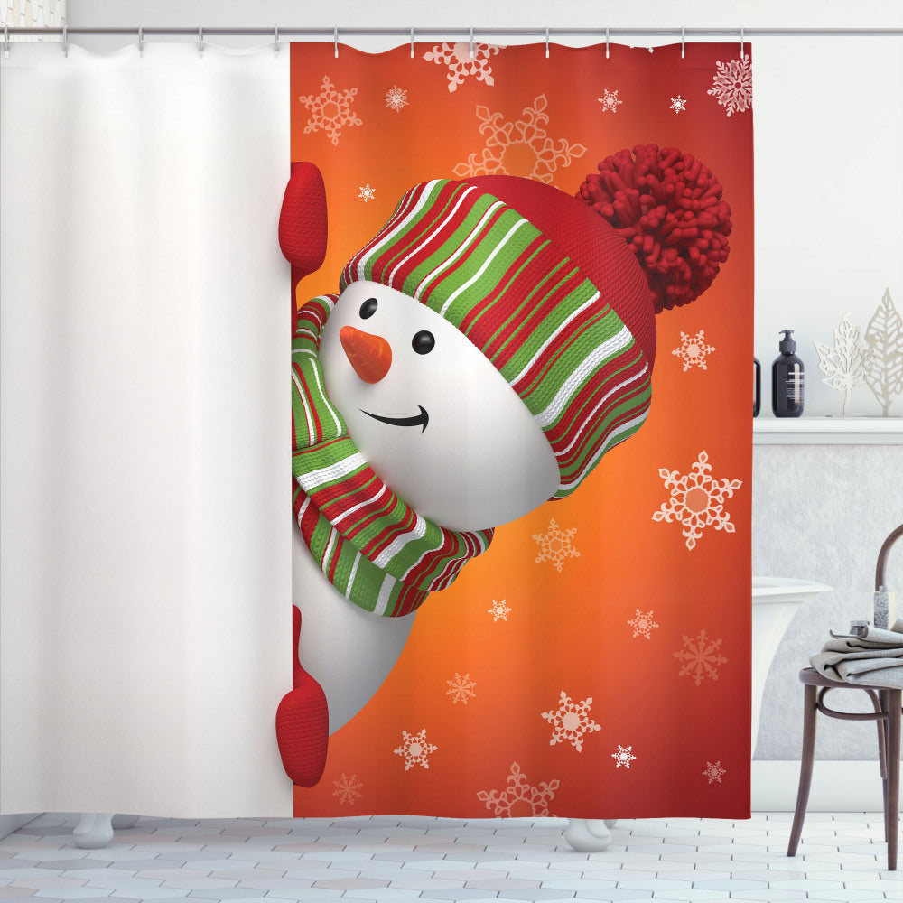 Whimsical Christmas Shower Curtain with Funny Snowman and Santa in Orange and White