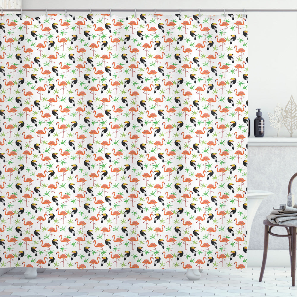 Tropical Paradise: Exotic Flamingo and Toucan Multicolor Shower Curtain