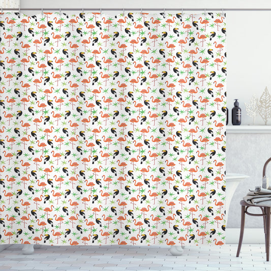 Tropical Paradise: Exotic Flamingo and Toucan Multicolor Shower Curtain